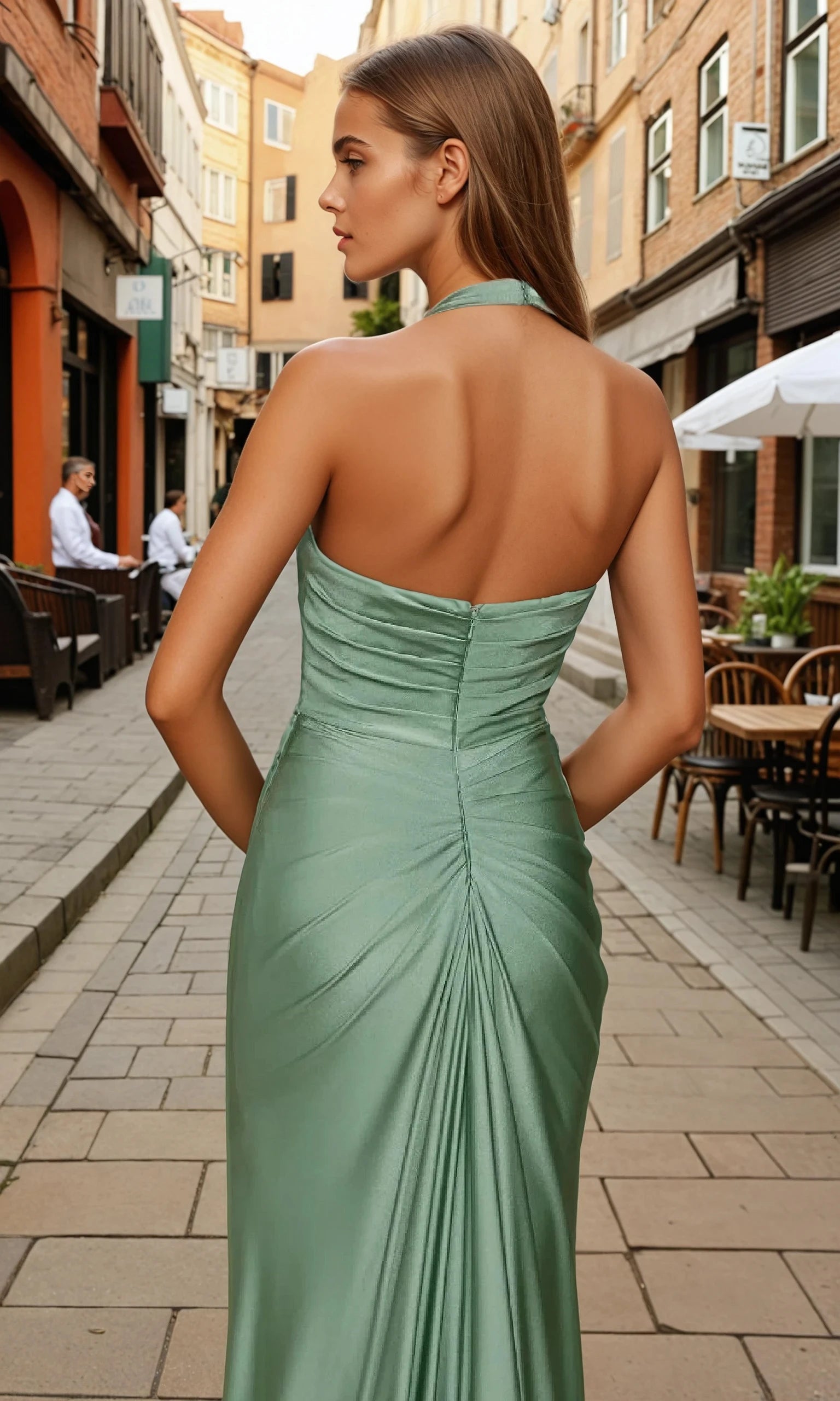 Wearing the Classic Long Halter Prom Dress: CLCD796 in light green, a woman stands on a cobblestone street with outdoor cafes and buildings, her under $150 backless gown embodying the charm of the setting.